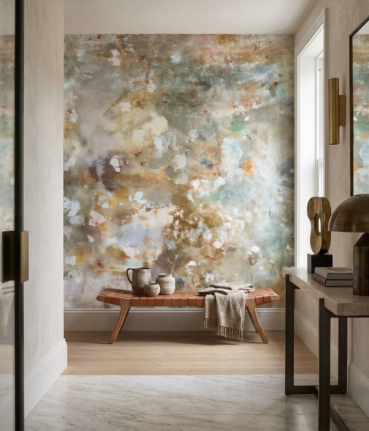 Dark patterned wallcovering in a finished interior