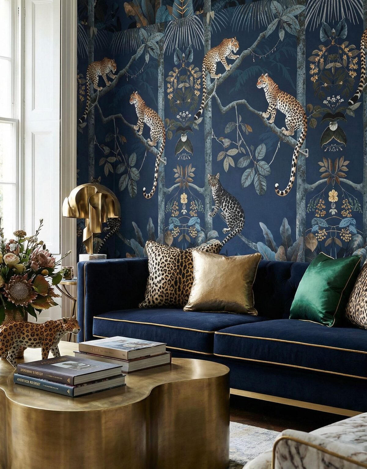 Patterned wallcovering across a styled interior