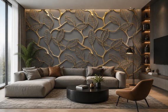 Gold botanical mural wallcovering on a feature wall