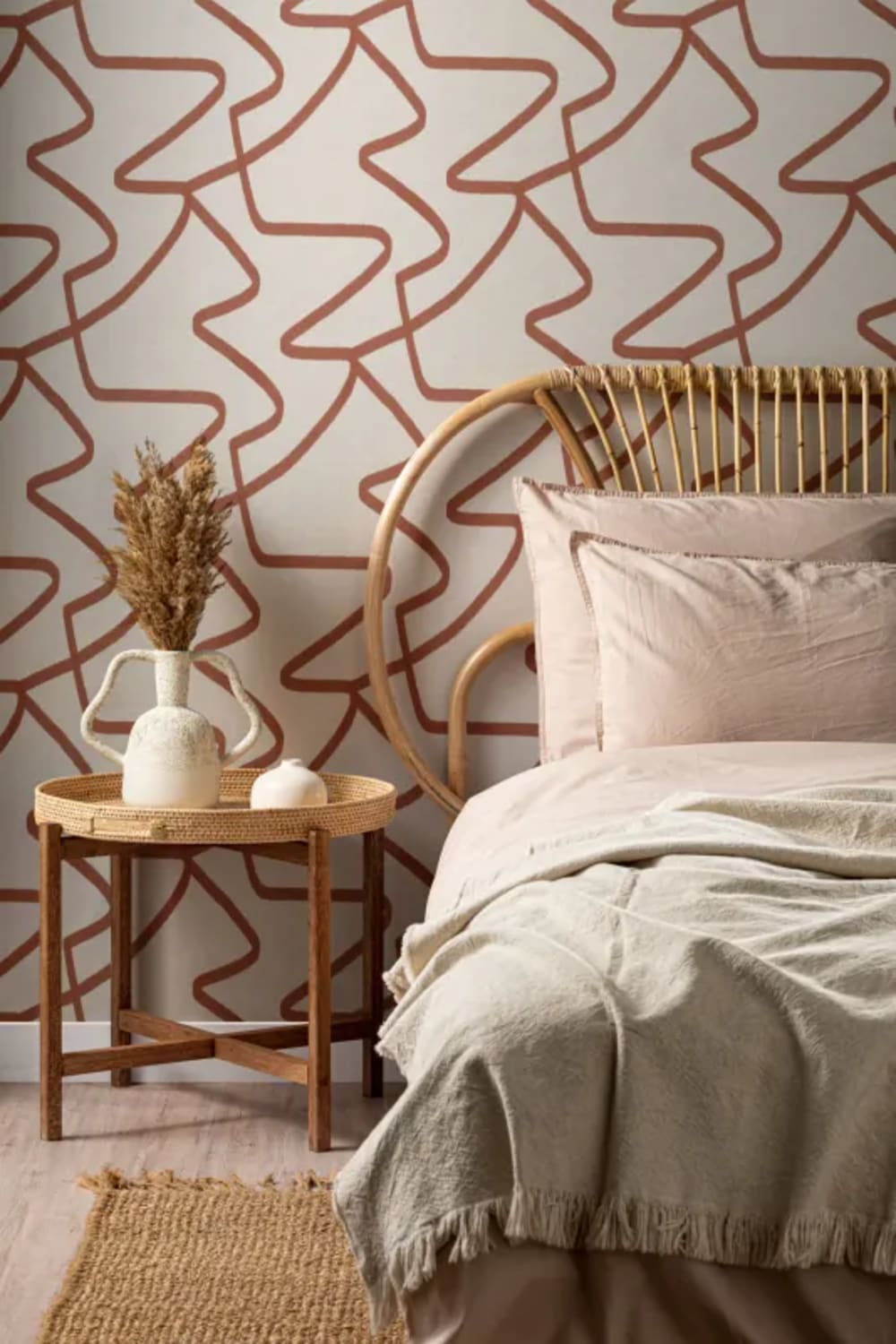 Decorative line-pattern wallpaper in a bedroom