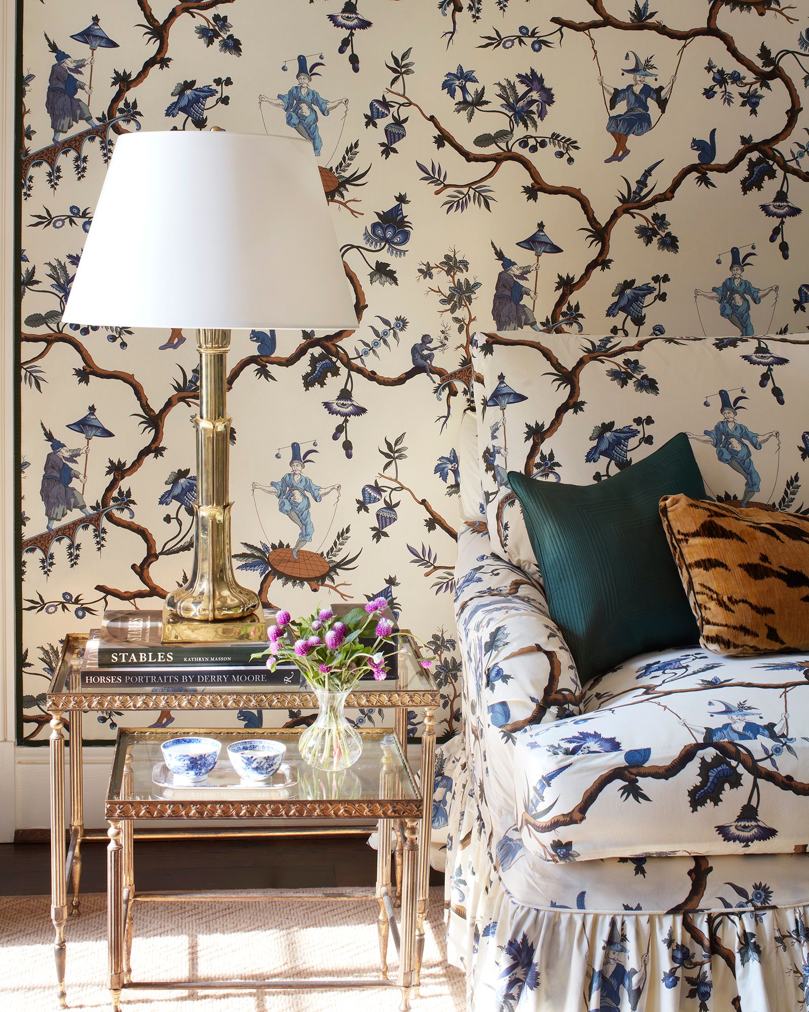 Layered patterned wallpaper in an interior room